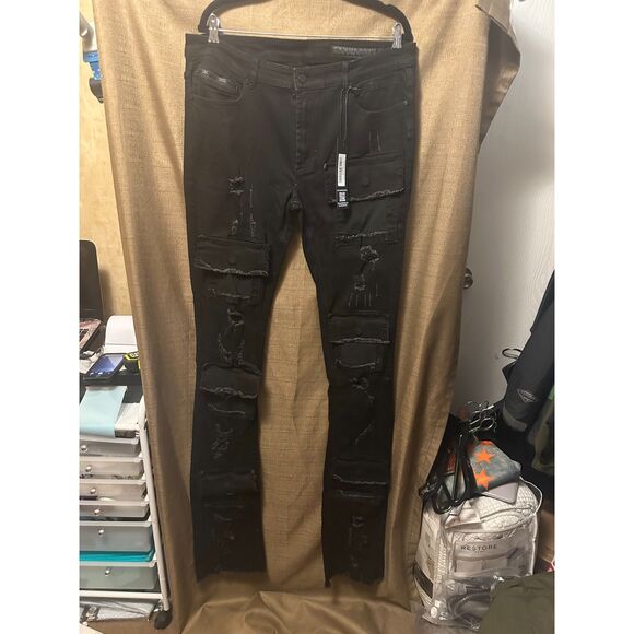 NWT Rockstar Original Pooja Jet Black Super Stacked Flare Jean Size 38 47"Inseam - Picture 1 of 8